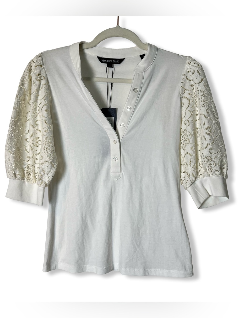 Veronica Beard Coralee Off White Lace Sleeve Henley Top NWT Sz XS